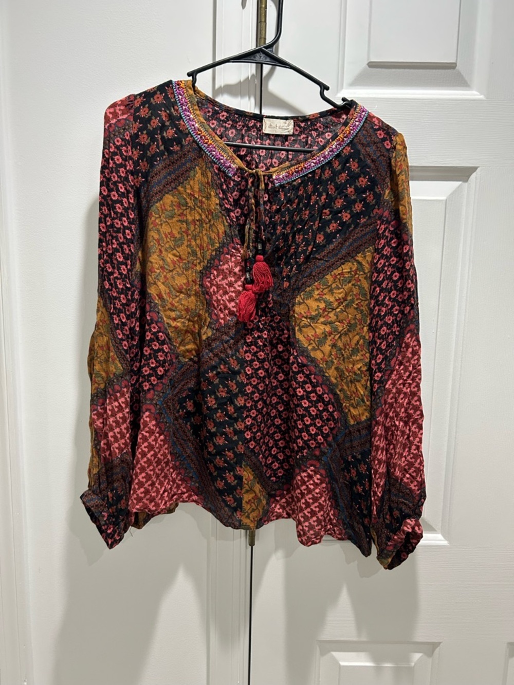 Altar'd State Boho Patchwork Tassel Blouse - Pink, Black, Mustard